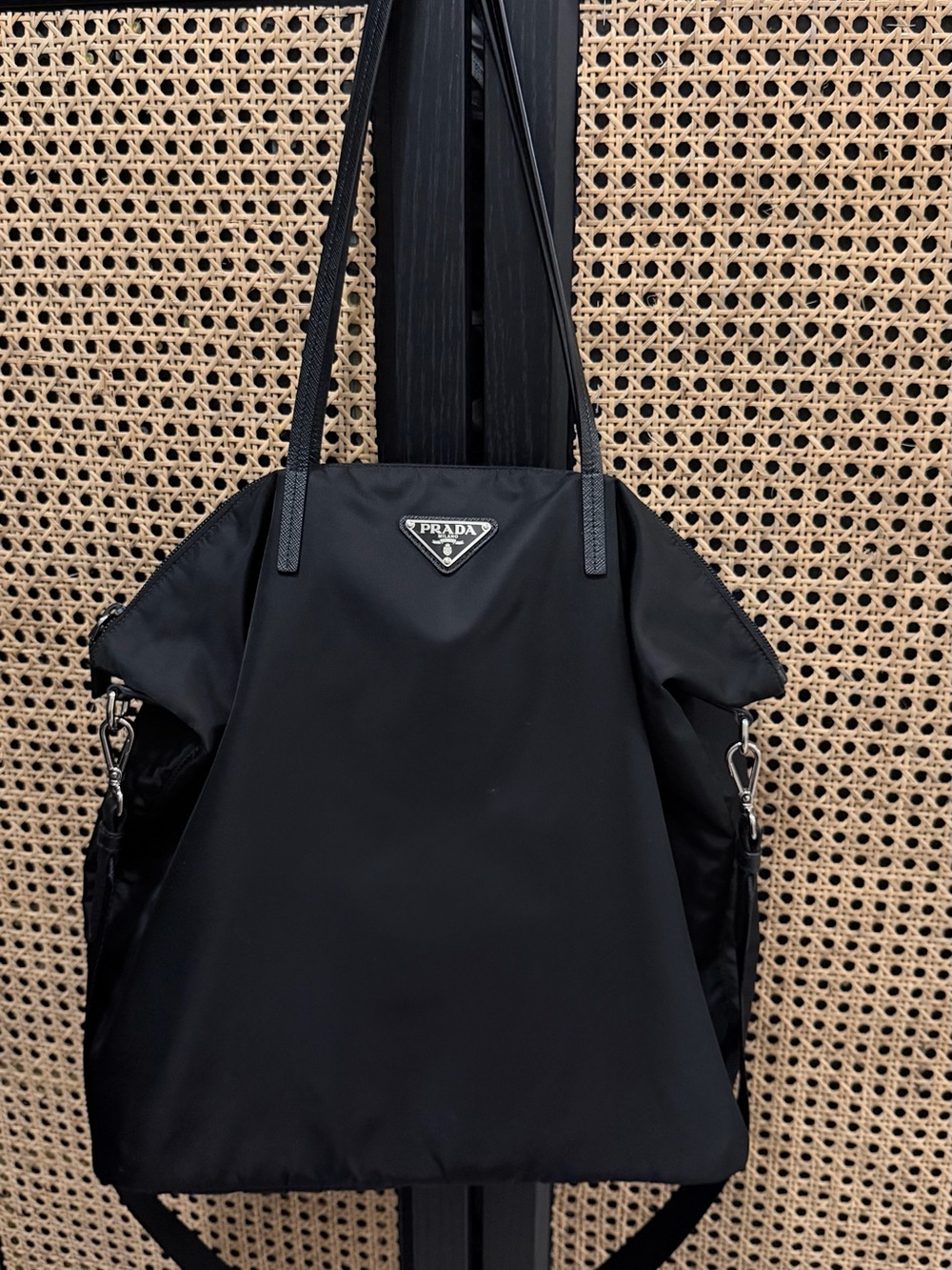 Authentic Prada Black Nylon Shoulder Tote with Triangular Logo